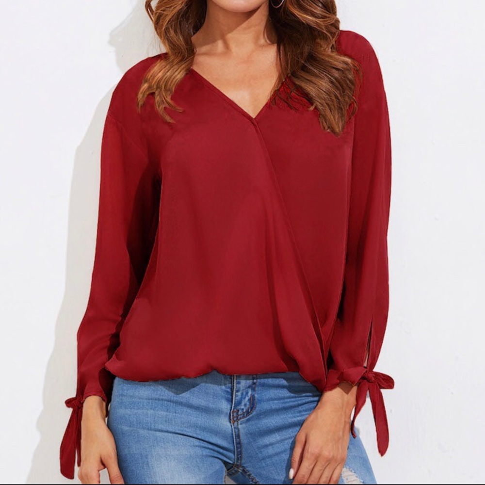 Cross Draped Tied Cuff Blouse